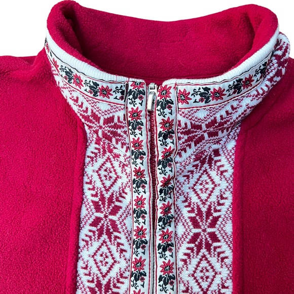 LL Bean Womens Red Fleece Jacket Nordic Fair Isle Print Full Zip Cozy Size Med - Picture 2 of 11